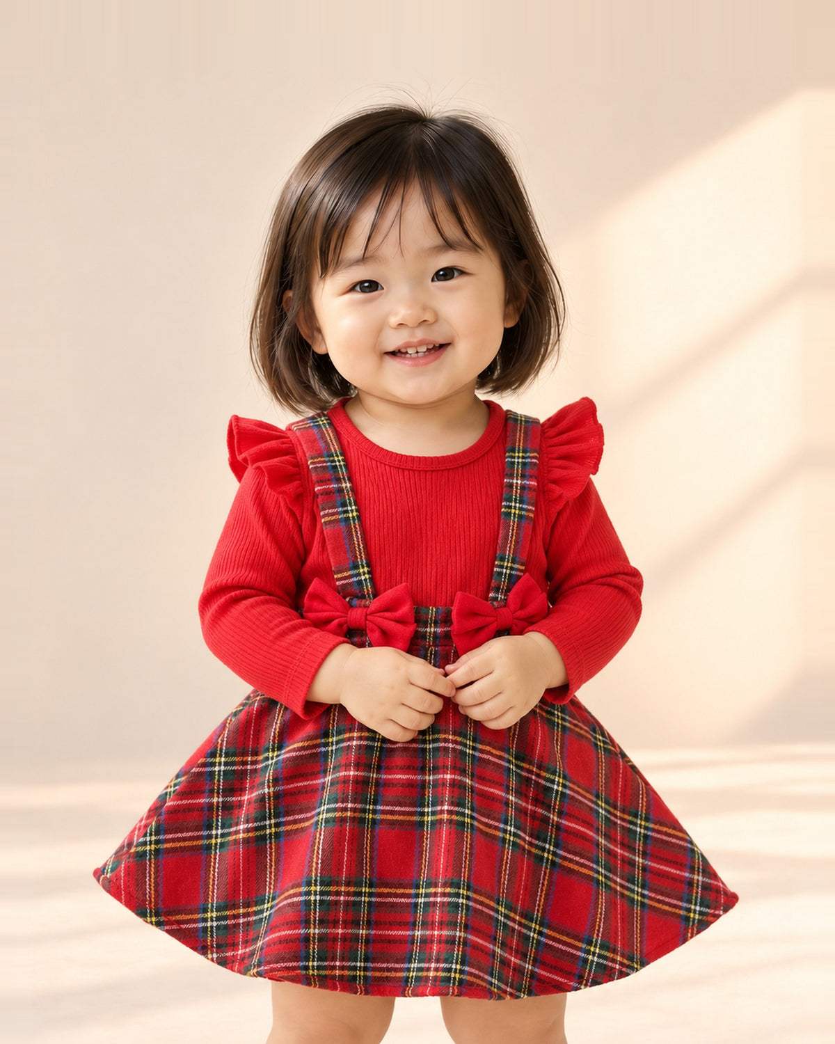 Toddler in the Mae Tartan Bow Romper Dress, close-up – Red Tartan