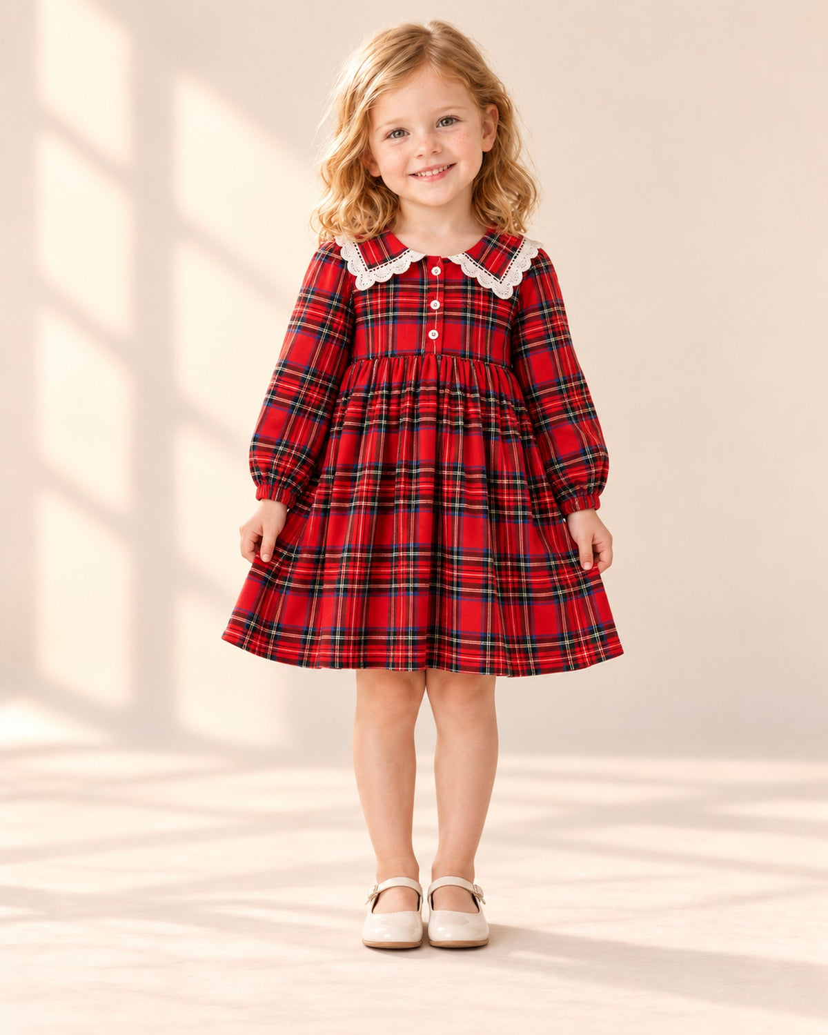 Front view of the red tartan lace-collar dress, full length – Red Tartan