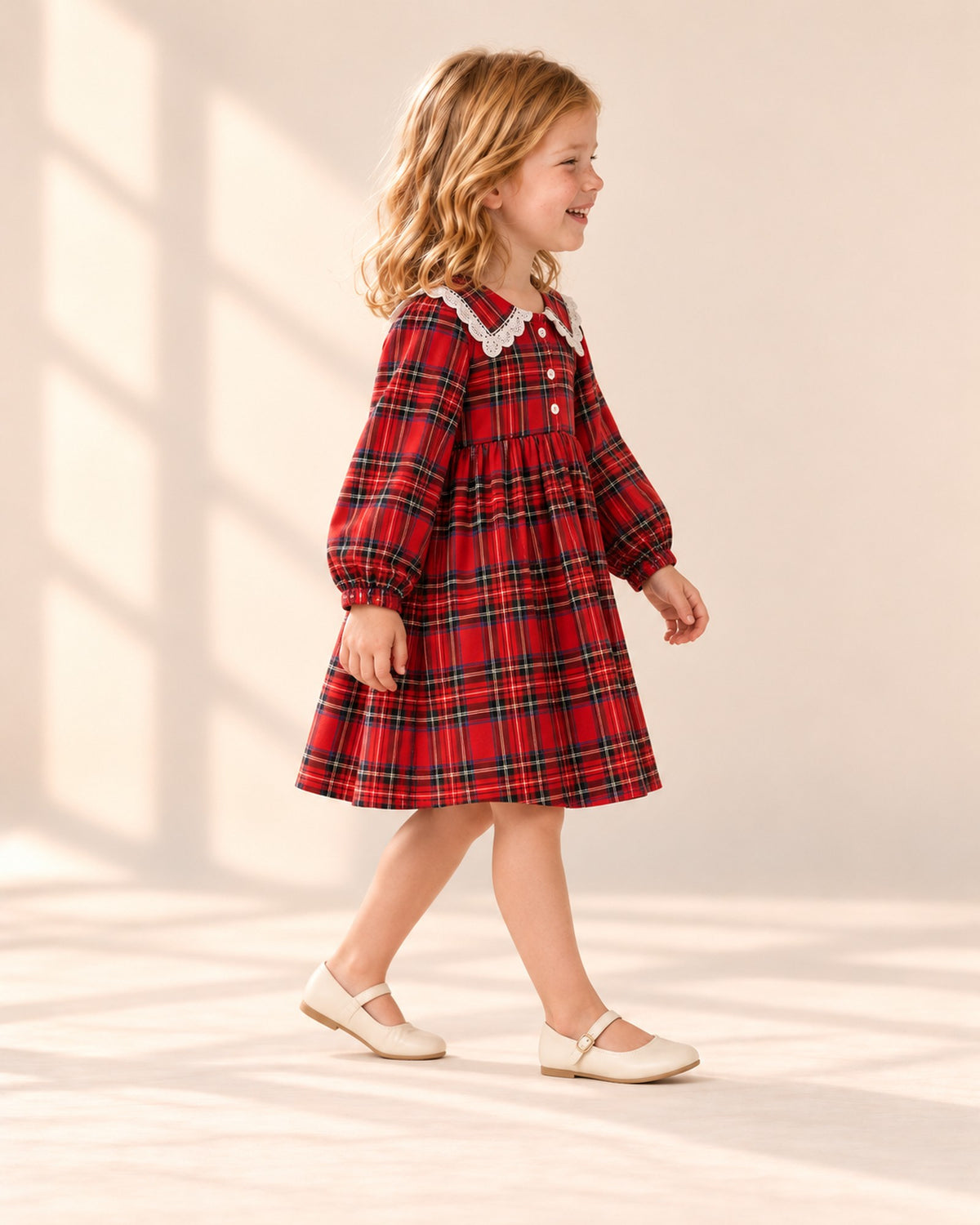 Side view showing the balloon sleeves and full skirt – Red Tartan