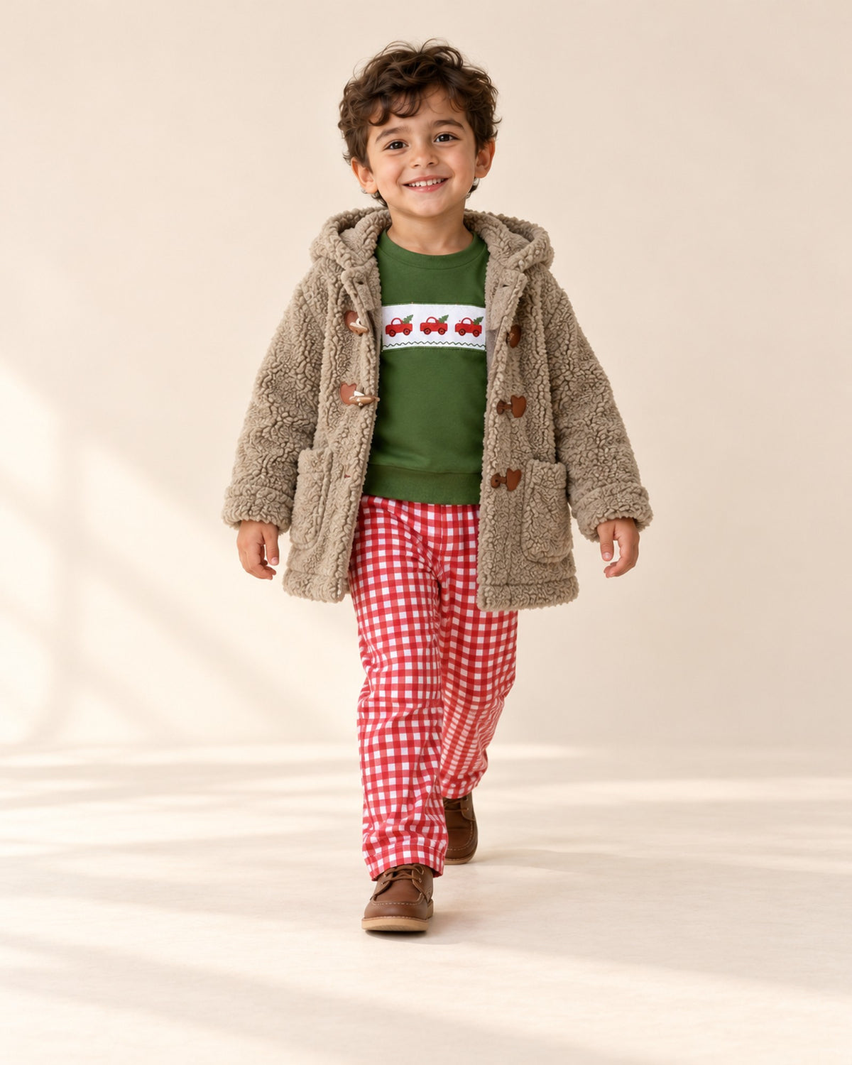Boy walking in the truck set and taupe duffle coat – Green & Red