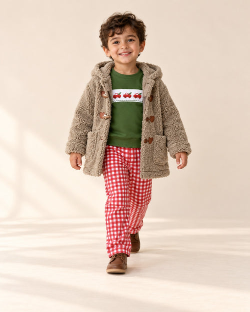 Boy walking in the truck set and taupe duffle coat – Green & Red