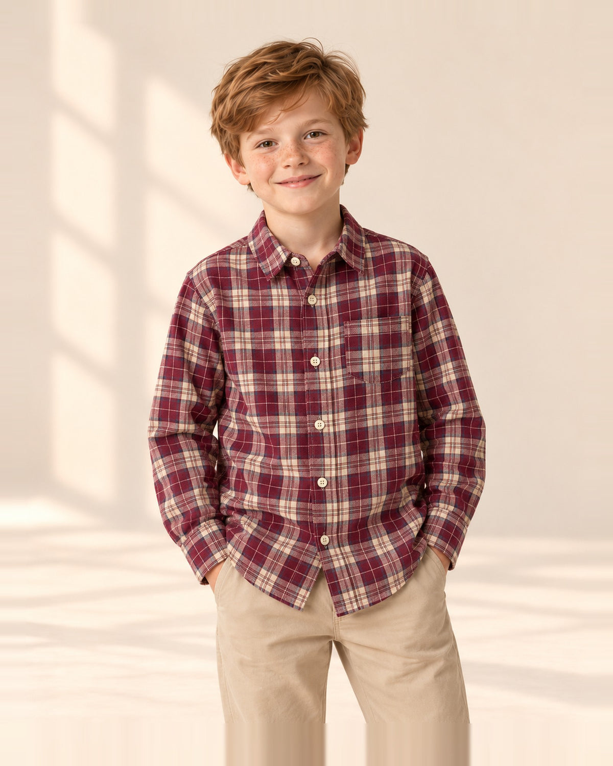 Burgundy, cream and navy plaid shirt with cream buttons – Burgundy Plaid