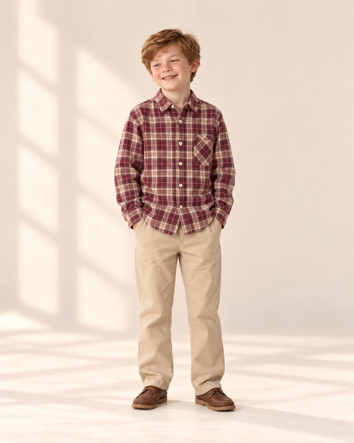 Front view of a boy in the burgundy plaid shirt untucked with khaki chinos, full length – Burgundy Plaid