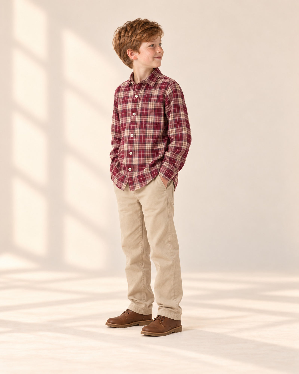 Side view of the plaid shirt sleeve and relaxed fit with khaki chinos – Burgundy Plaid