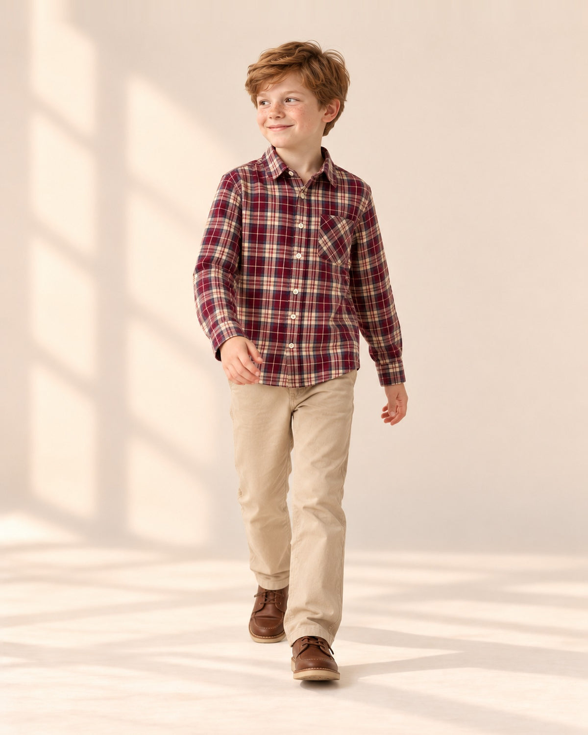 Boy in the retro plaid shirt and khaki chinos, head to toe – Burgundy Plaid