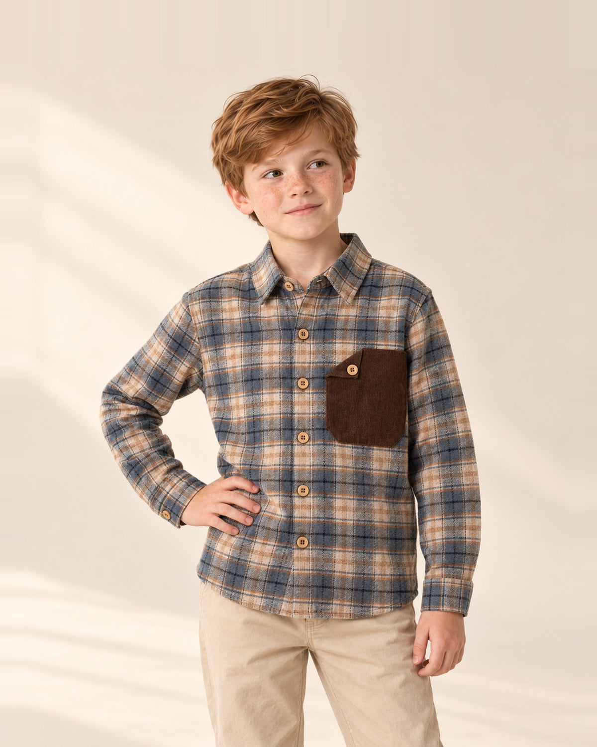 Boy in the Wyatt blue and camel plaid flannel shirt with a brown corduroy pocket – Blue Plaid