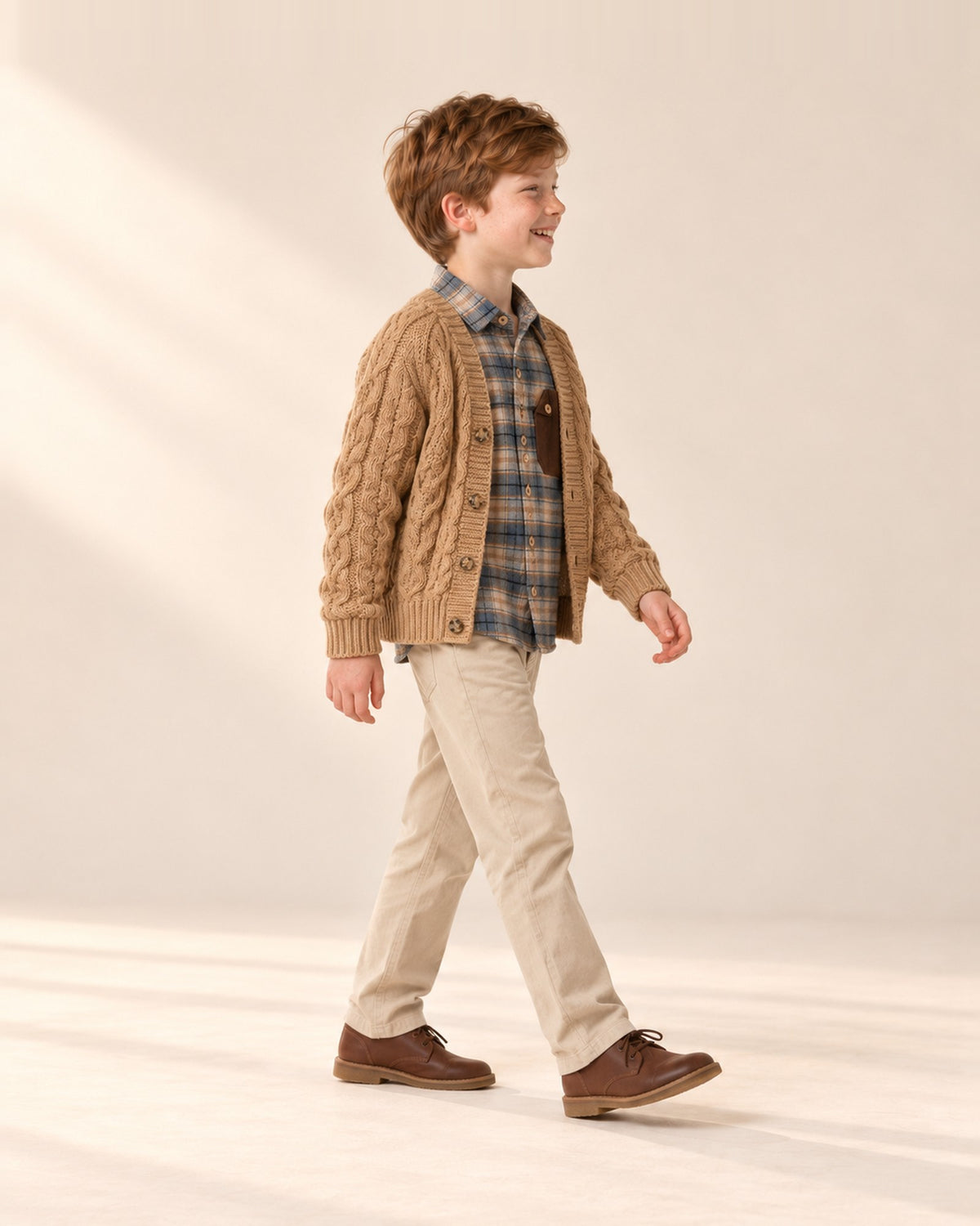 Side view of the plaid flannel shirt worn with the chunky cable knit cardigan – Blue Plaid
