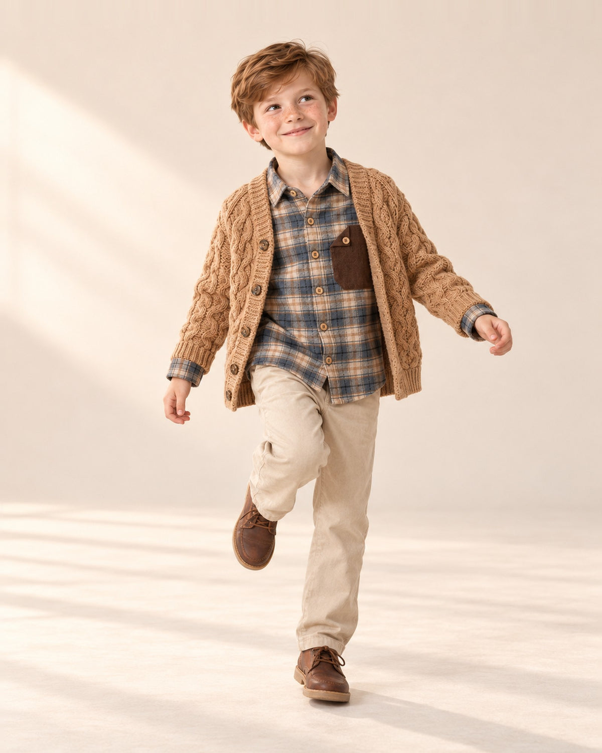 Boy at play in the plaid flannel shirt, styled with the chunky cable knit cardigan – Blue Plaid
