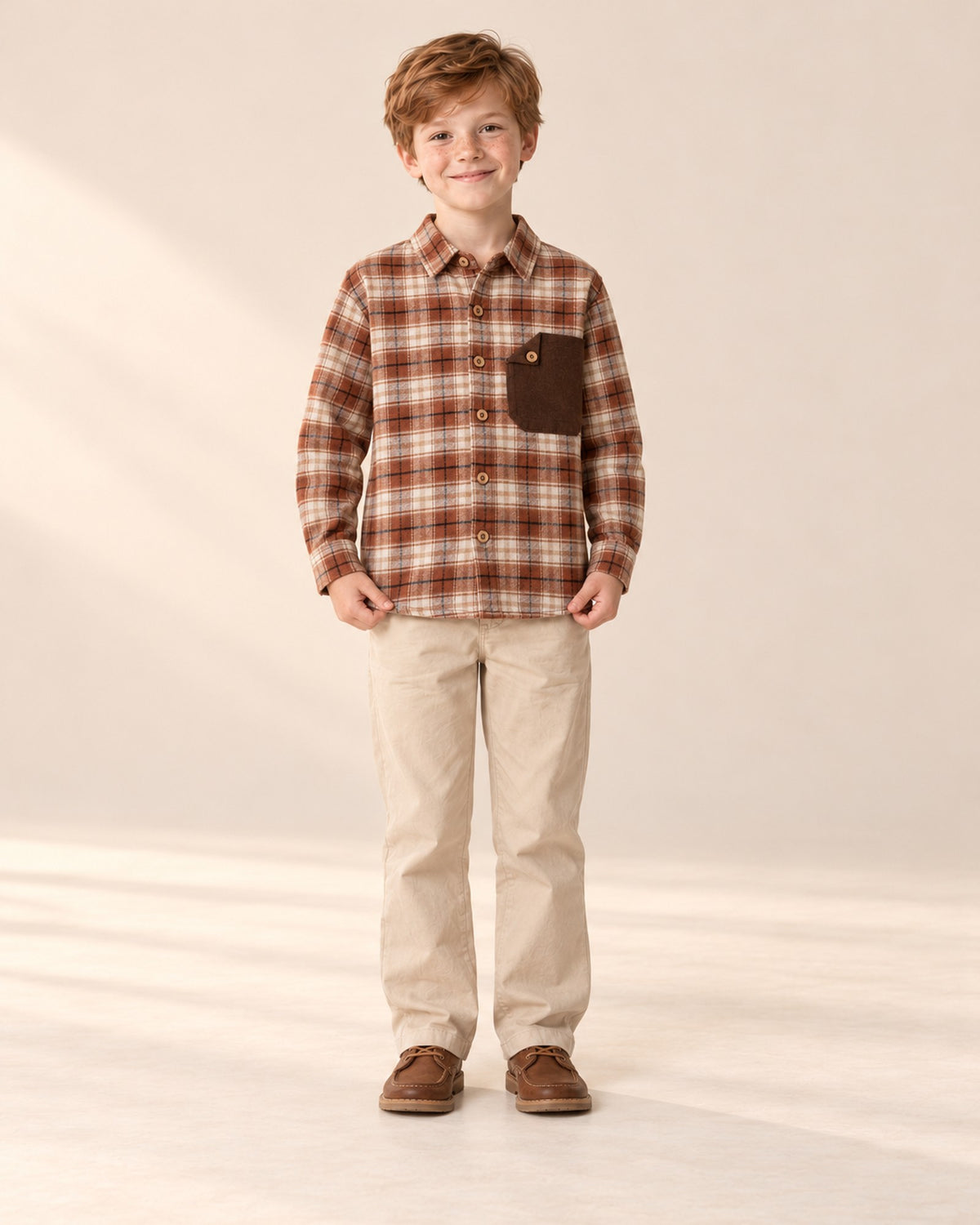 Wyatt Plaid Flannel Shirt in Rust Plaid – full front view
