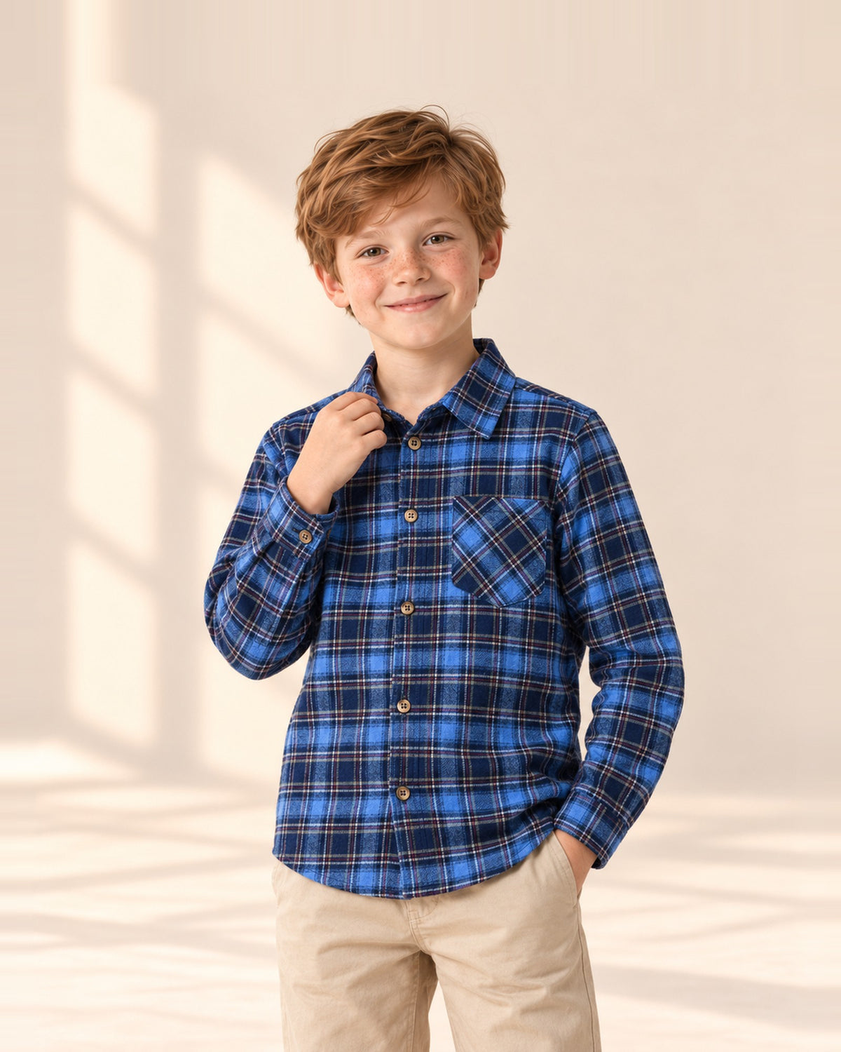 Boy in the Ned blue plaid shirt with one hand in his pocket – Blue Plaid