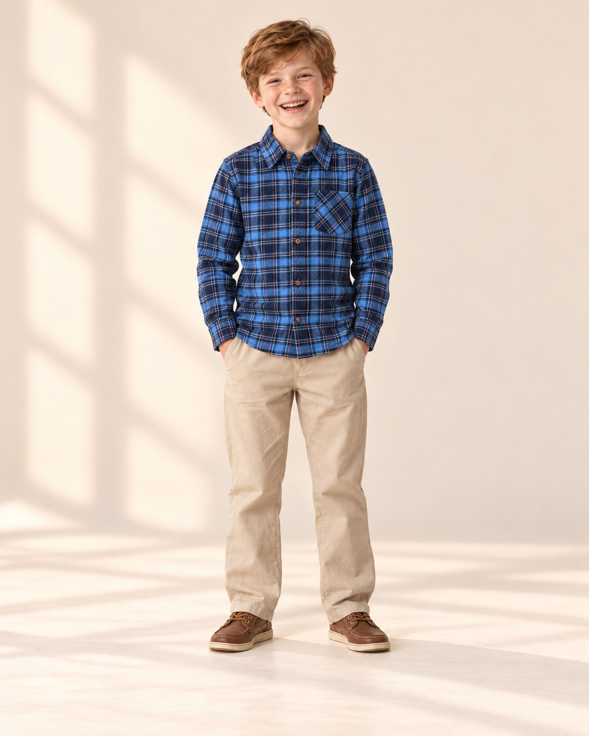 Front view of the blue plaid shirt with khaki pants, full length – Blue Plaid