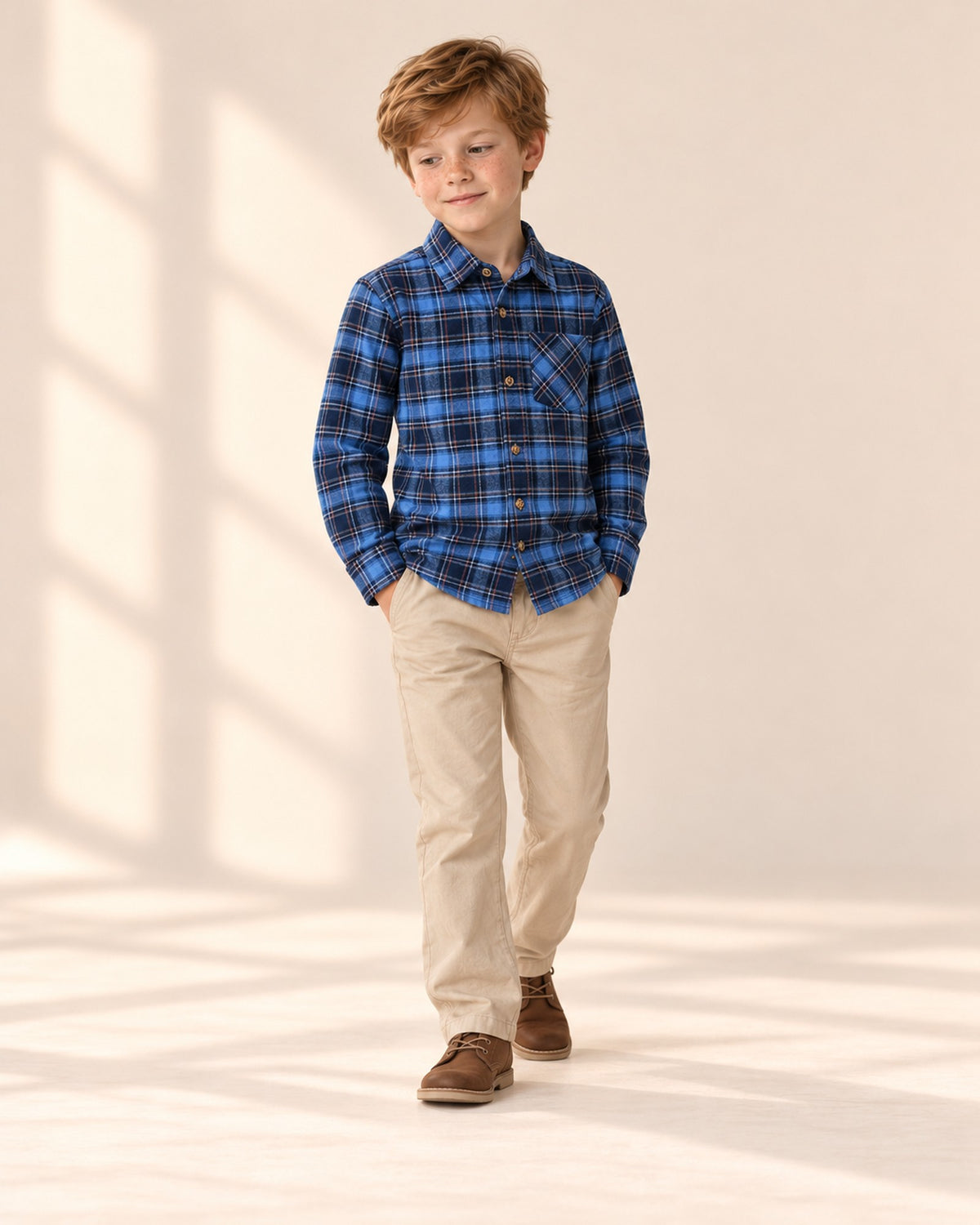 Boy walking in the blue and navy plaid shirt – Blue Plaid