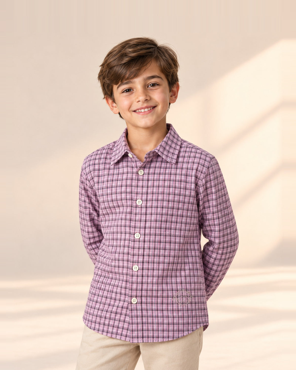 Boy in the Stanley lilac check shirt, hands behind his back – Lilac Check