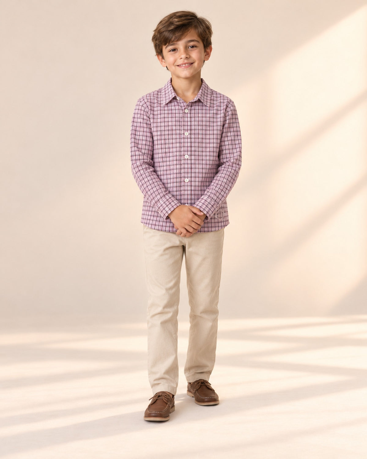 Front view of the lilac check shirt with beige pants, full length – Lilac Check