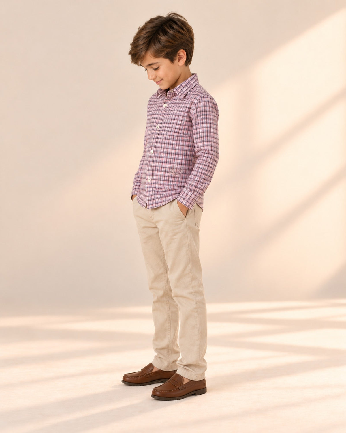 Side view of the lilac check shirt – Lilac Check