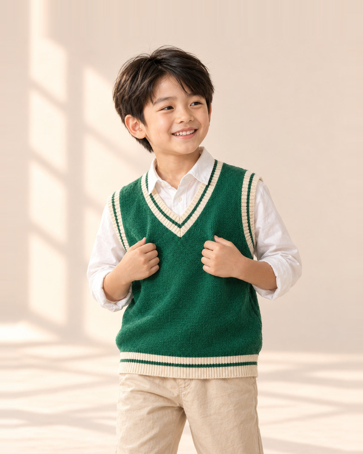 Boy in the Otis green cricket sweater vest over a white shirt – Green
