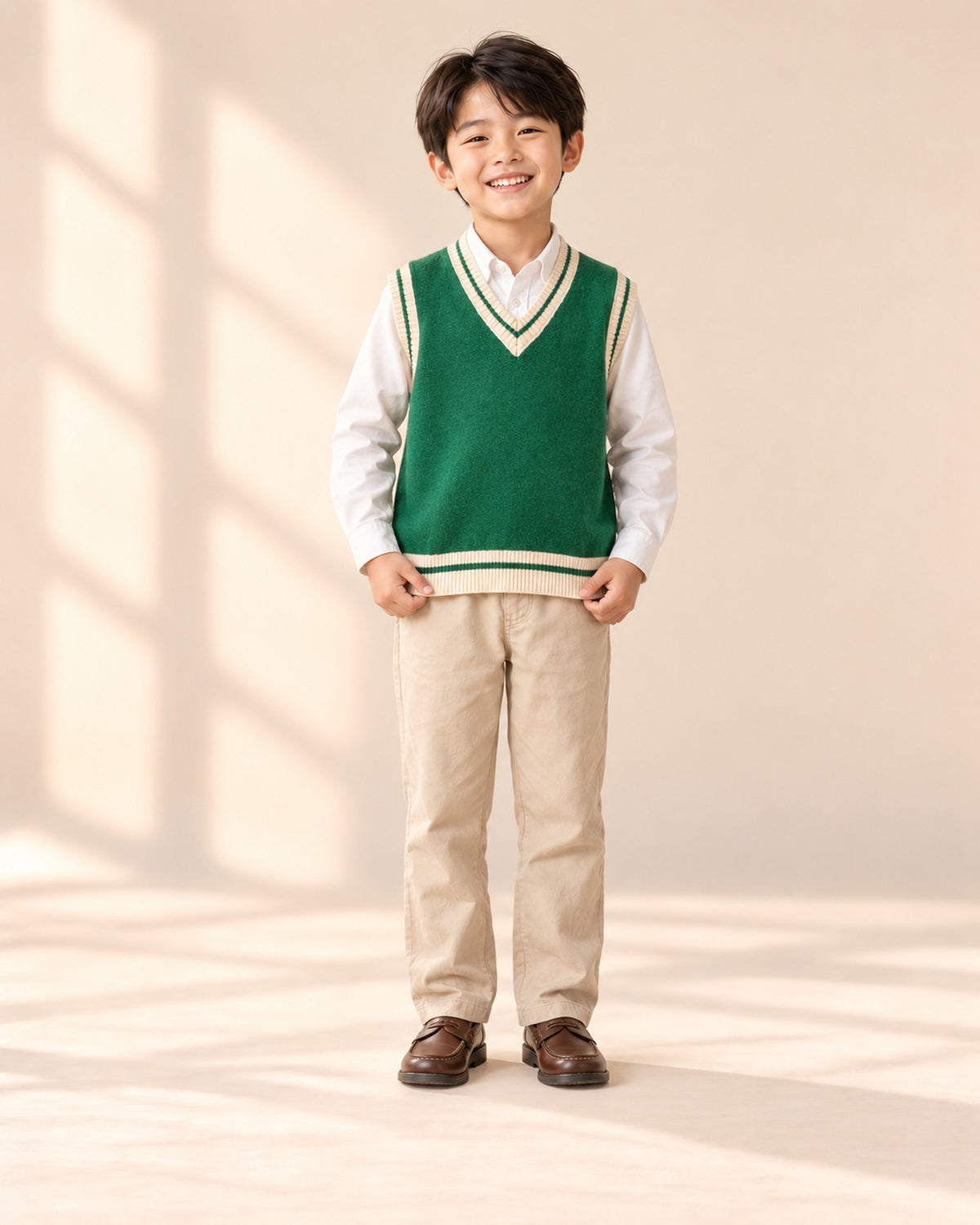 Front view of the green cricket vest with khaki pants, full length – Green