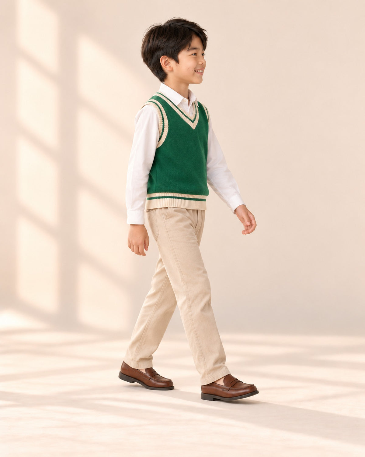 Side view of the green V-neck vest mid-step – Green