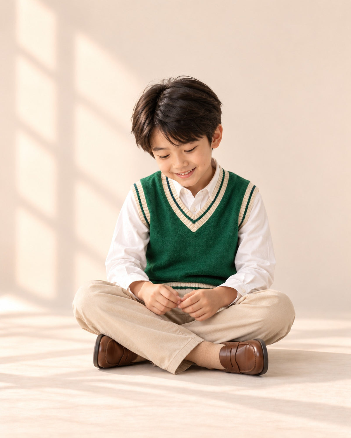 Boy sitting cross-legged in the green cricket sweater vest – Green