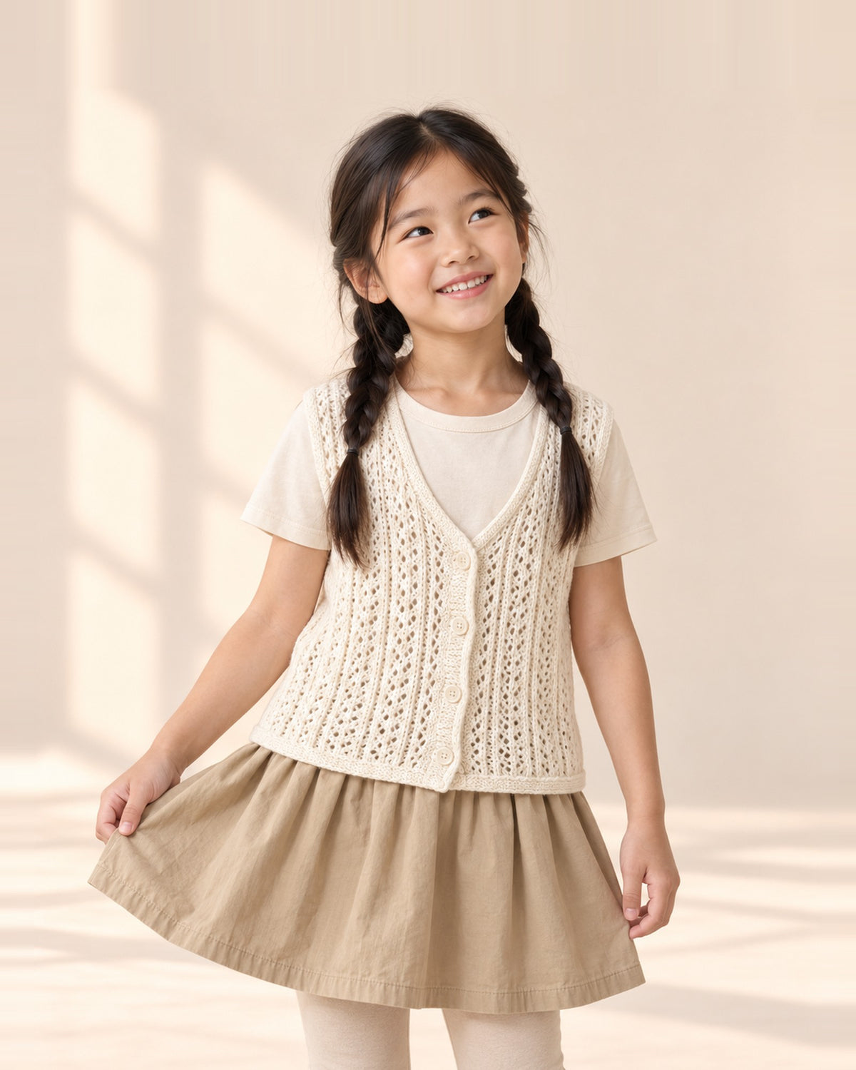 Girl in the Vera cream crochet knit vest over a cream tee – Cream