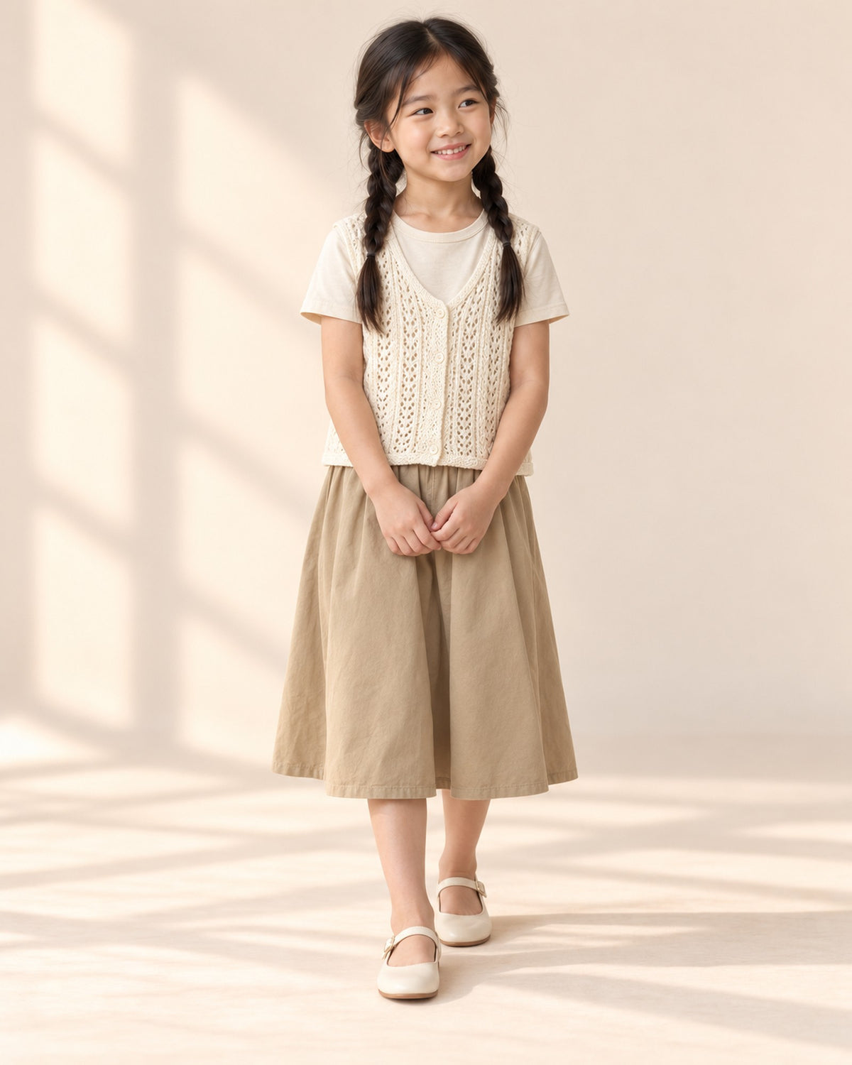 Front view of the cream crochet knit vest with a khaki skirt, full length – Cream