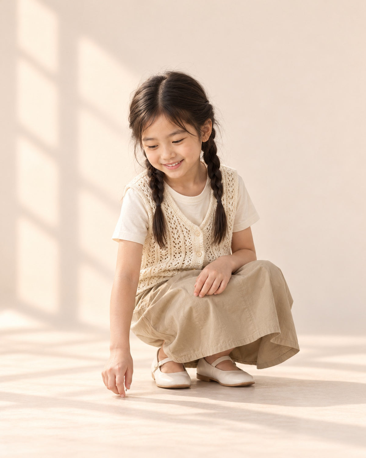Girl crouching down in the cream crochet knit vest – Cream