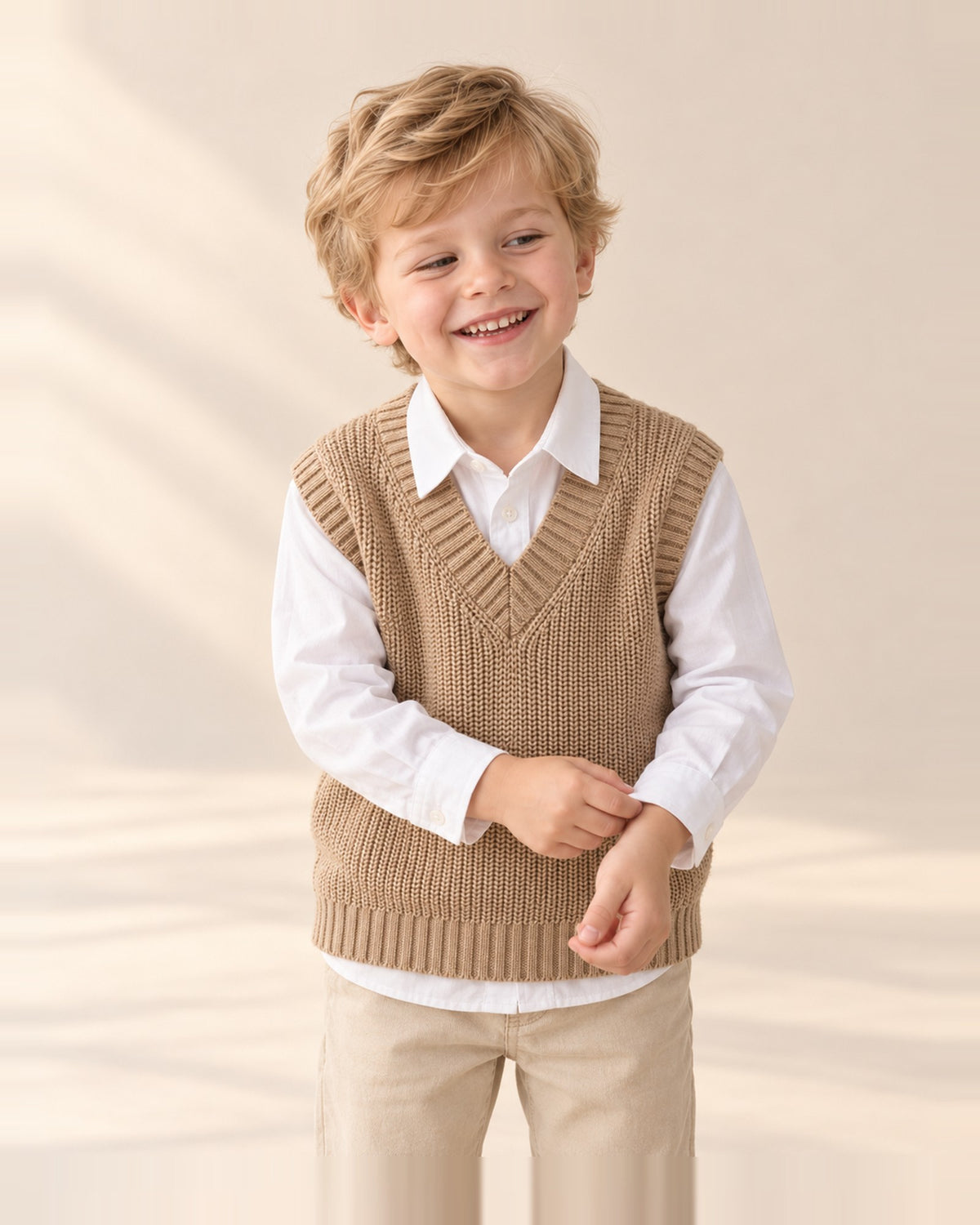 Camel rib knit sweater vest with a deep V-neck