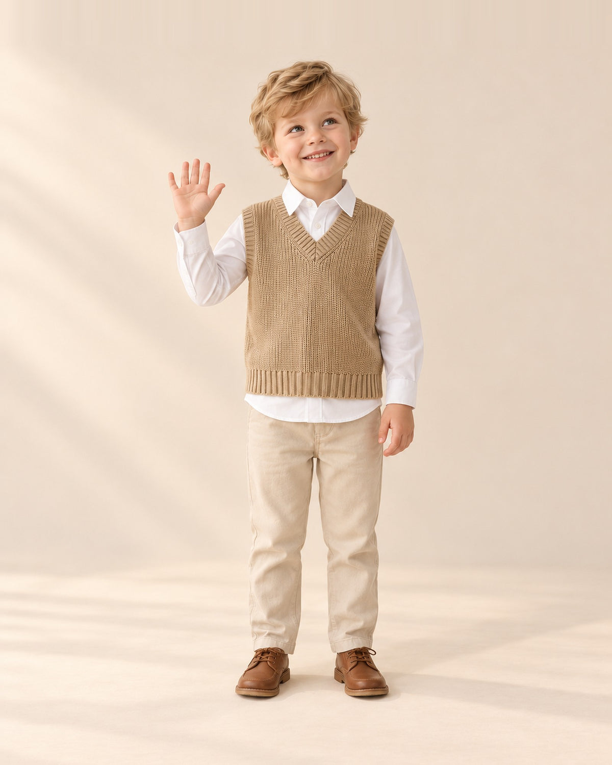 Front view of a boy in the camel sweater vest over a white collared shirt, full length – Camel