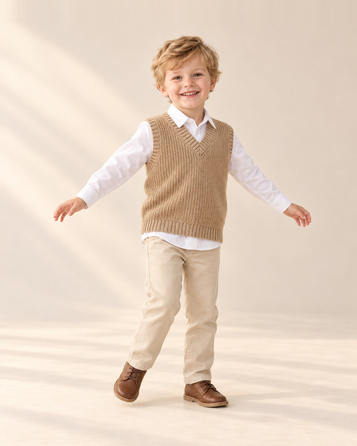 Boy in the camel V-neck vest and white shirt, head to toe – Camel