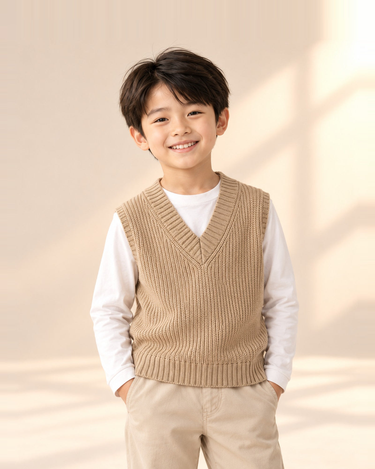 Boy in the Jude camel rib sweater vest over a white long-sleeve tee – Camel