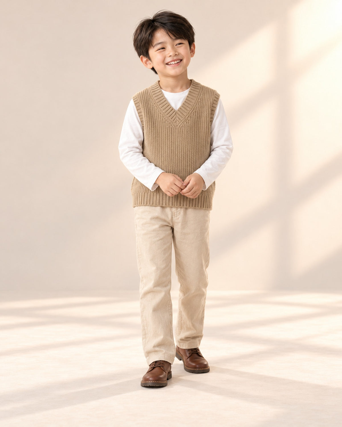 Front view of the camel sweater vest with beige pants, full length – Camel