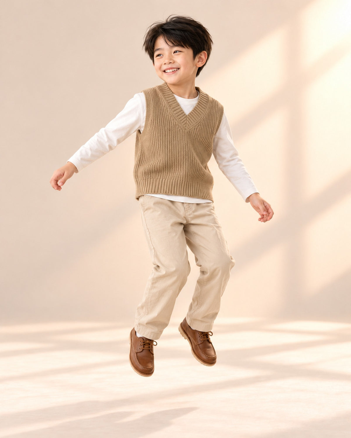 Boy jumping in the camel rib sweater vest – Camel