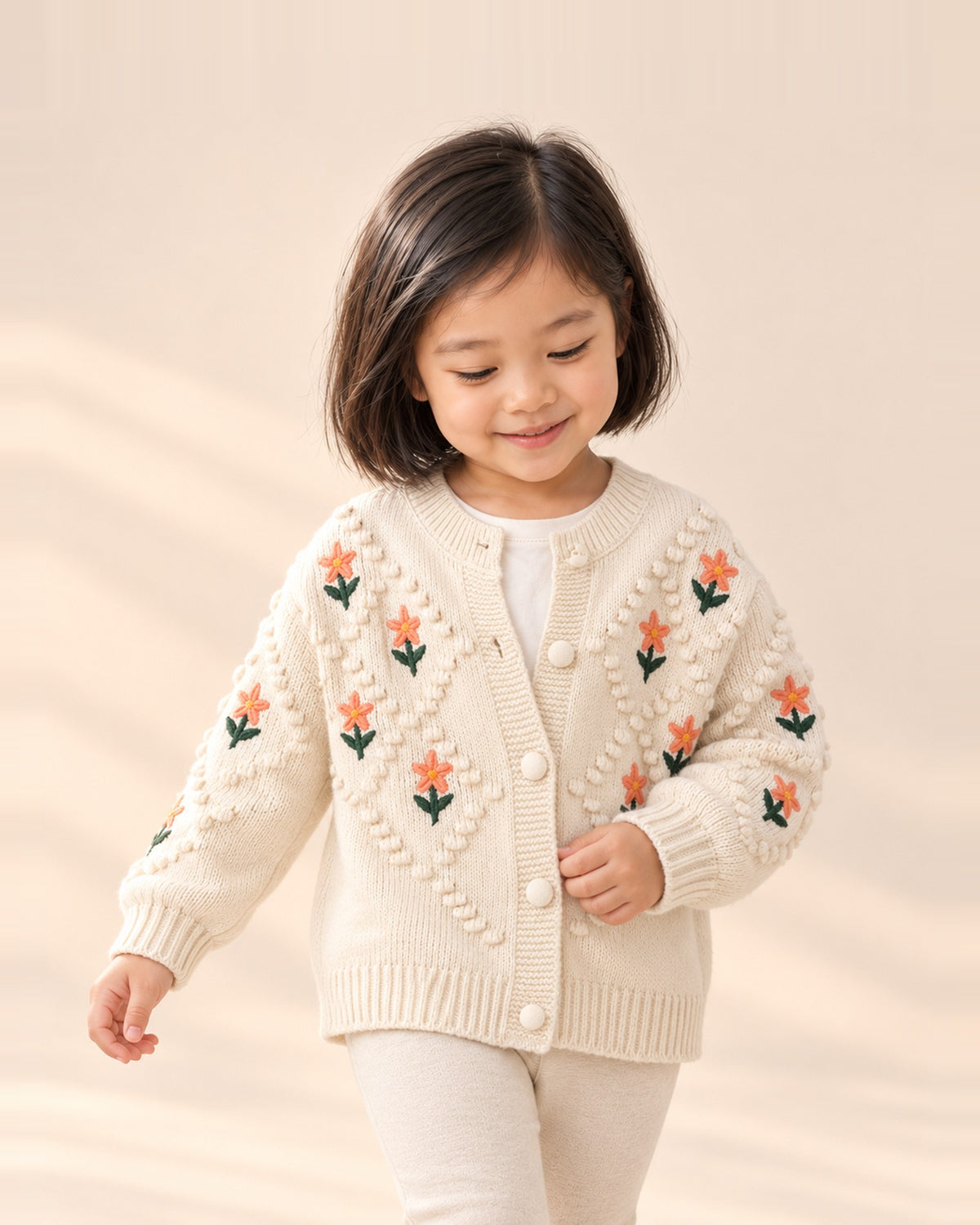 Girl in the Flora cream cardigan with embroidered peach flowers – Cream