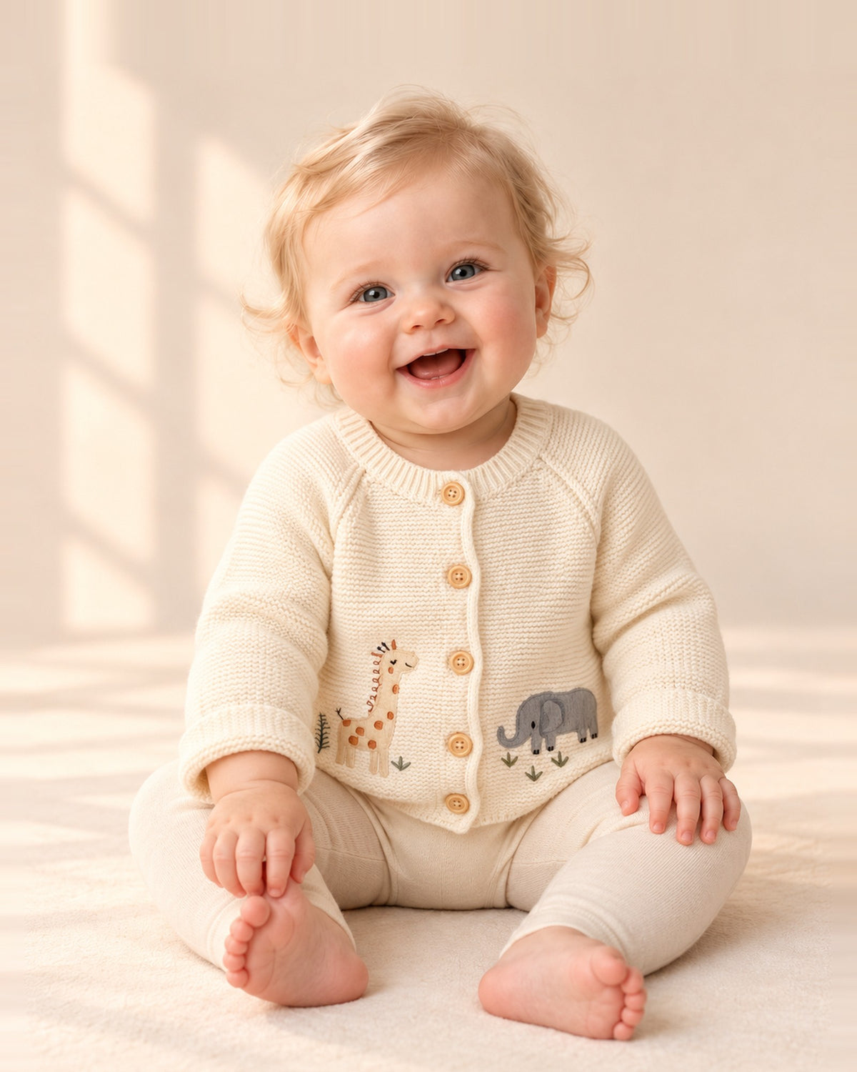 Cream knit baby cardigan with an embroidered giraffe and elephant