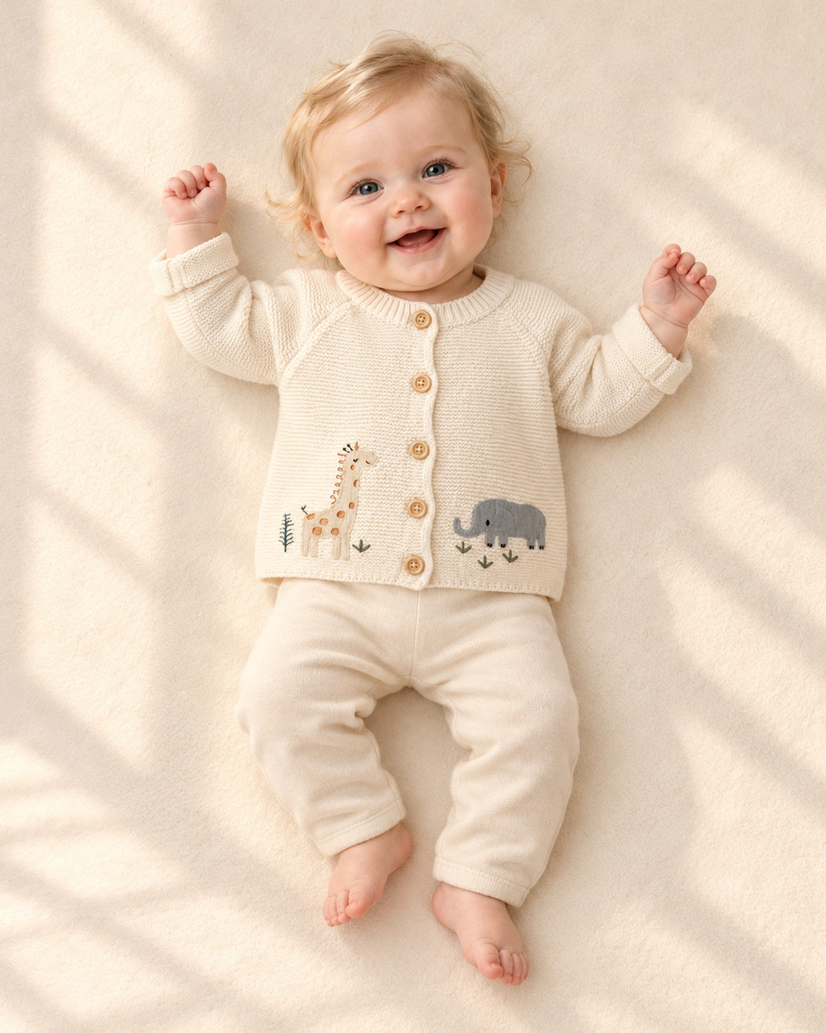 Front view of a baby in the open cream animal cardigan over a bunny collar bubble romper, full length – Cream