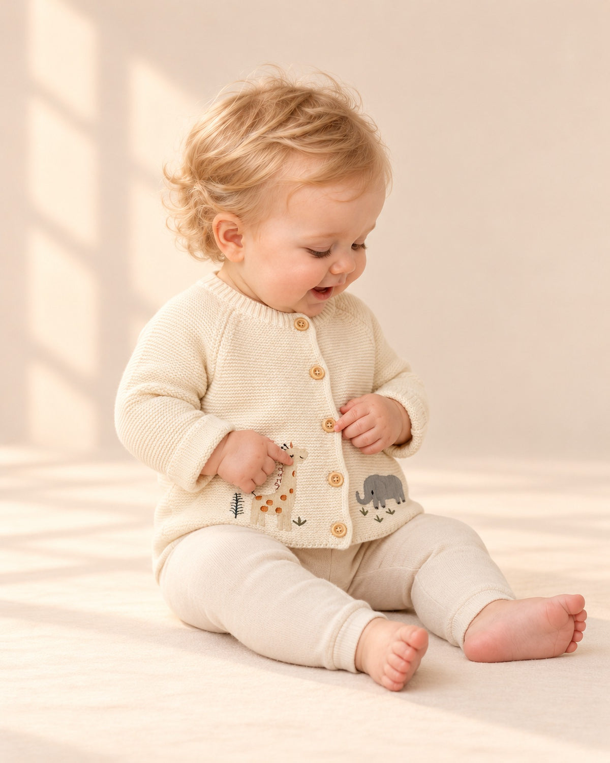 Side view of the cream cardigan's raglan sleeve over the bubble romper – Cream