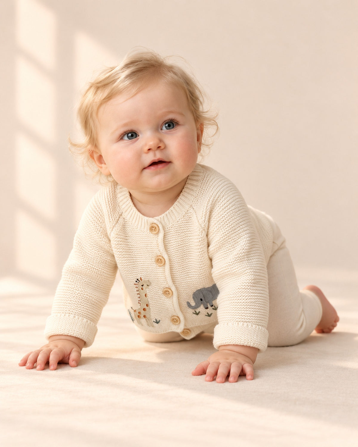 Baby in the embroidered animal cardigan and bubble romper, head to toe – Cream