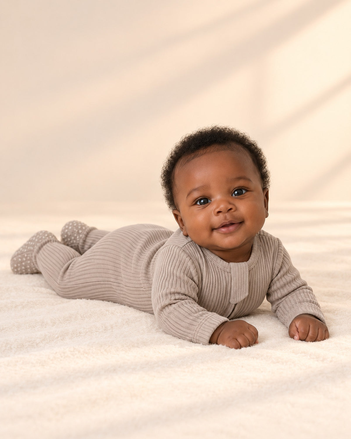 Baby at play in the ribbed zip footie – Taupe
