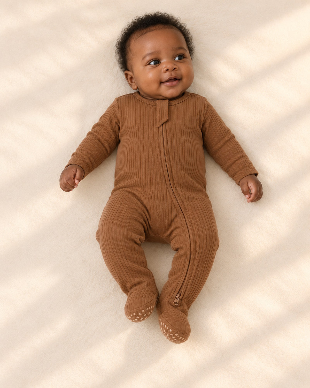 Cubby Ribbed Zip Footie in Caramel – full front view