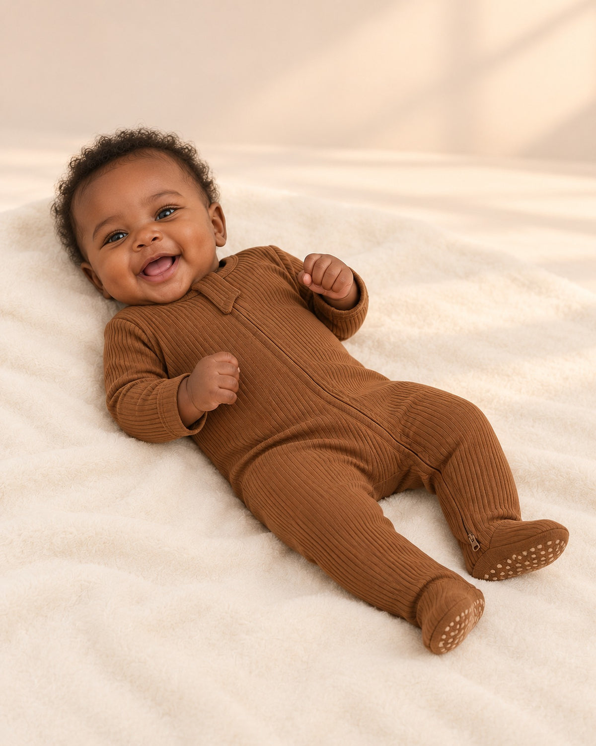 Cubby Ribbed Zip Footie in Caramel – side view