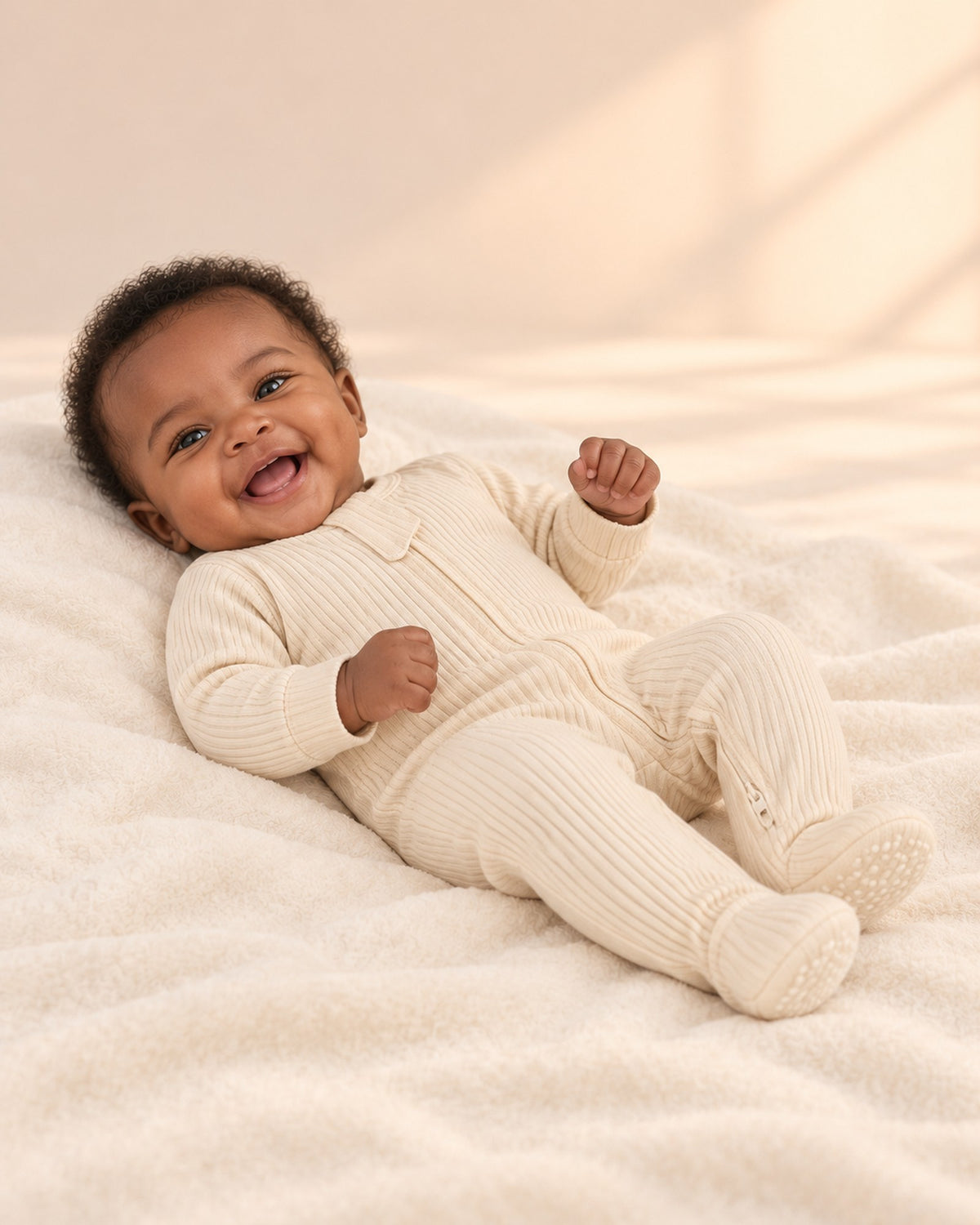 Cubby Ribbed Zip Footie in Cream – side view