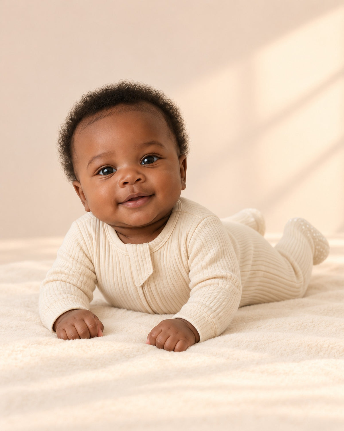 Cubby Ribbed Zip Footie in Cream – natural pose