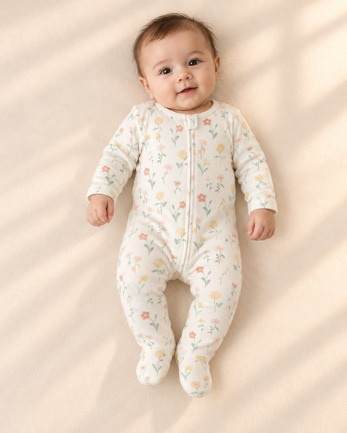 Front view of the wildflower footie with its front zipper – Wildflower