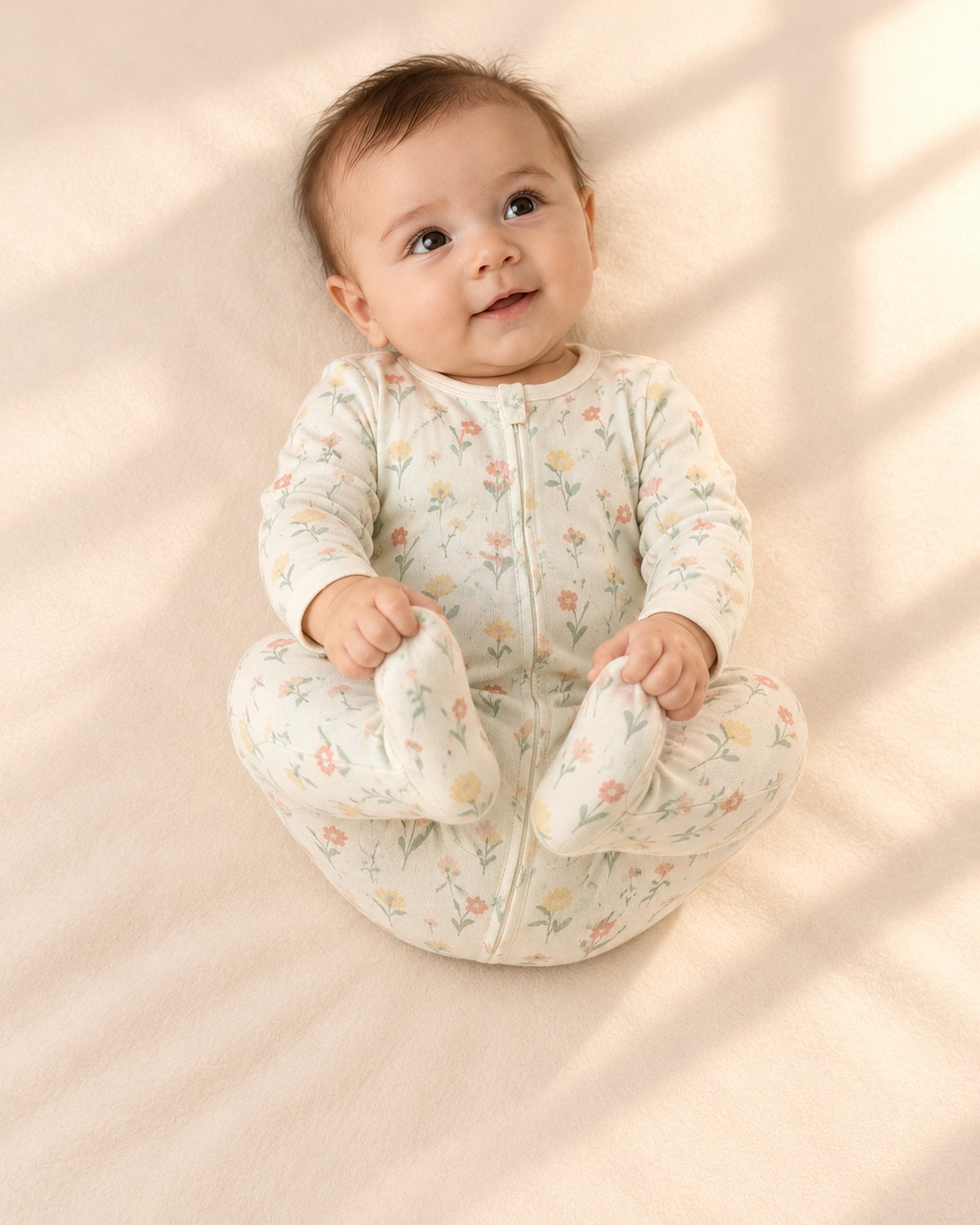 Baby at play in the wildflower zip footie – Wildflower