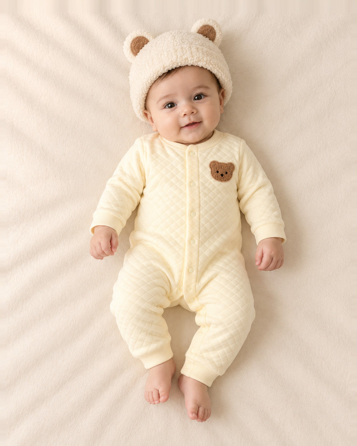 Close-up of the butter-cream quilted romper with a brown bear face patch on the chest – Butter