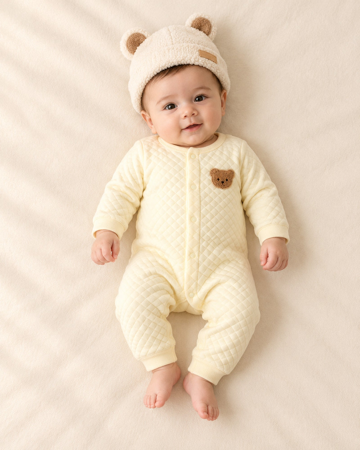 Front view of a baby in the quilted bear romper and a cream bear ear beanie – Butter