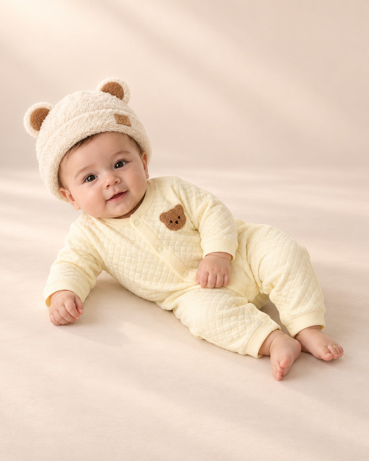 Baby relaxing on a soft blanket in the butter quilted romper and beanie – Butter