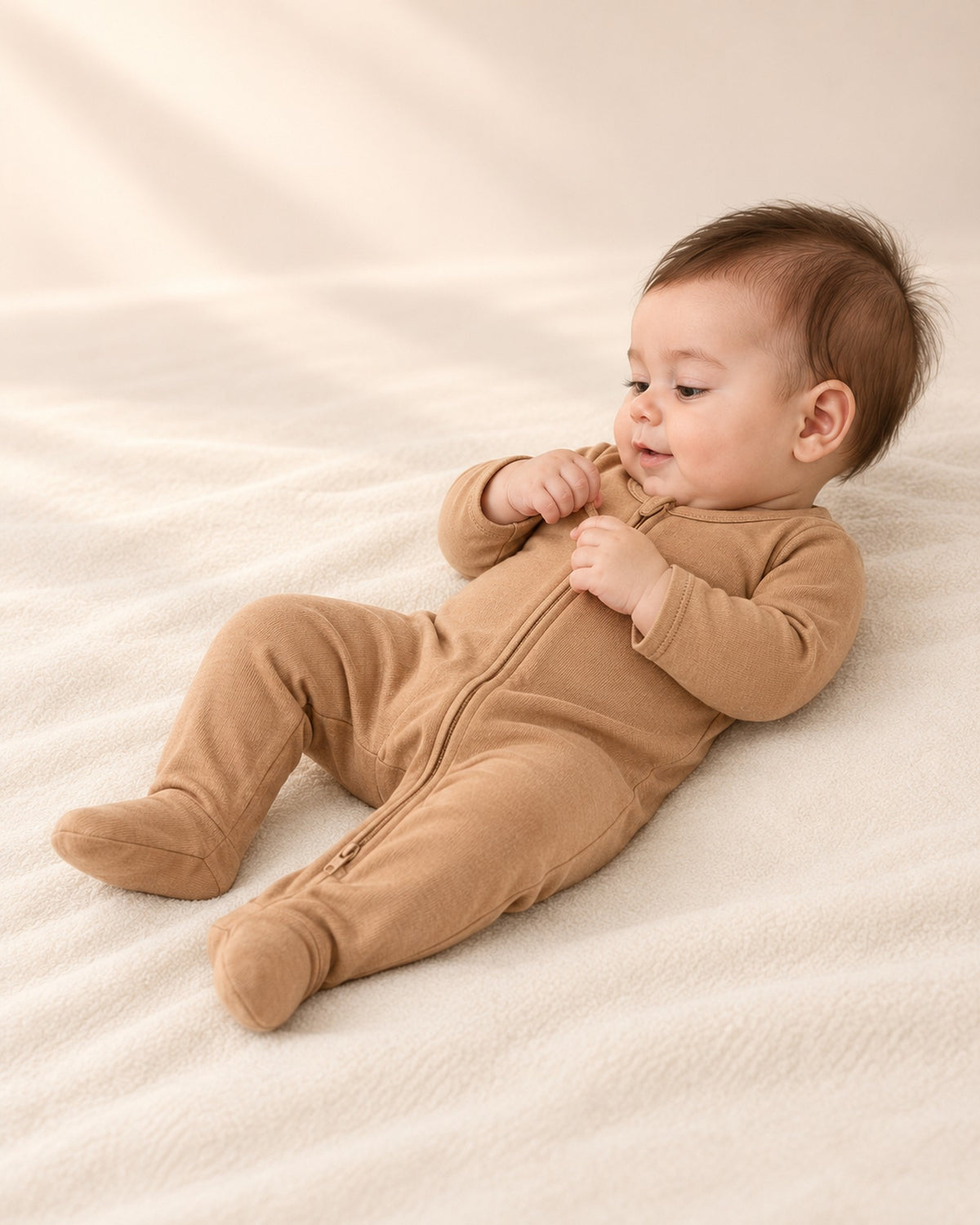 Side view of the camel footie with the cream bear-ear beanie – Camel