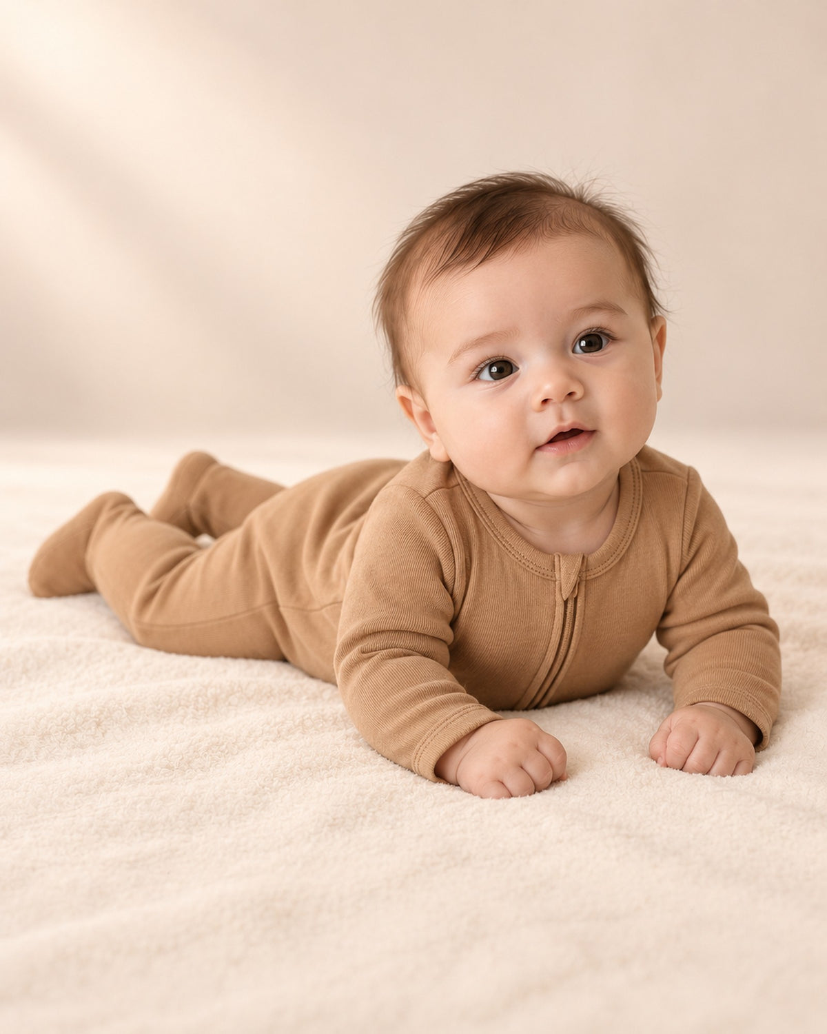 Baby relaxing in the camel two-way zip footie and cream bear-ear beanie – Camel