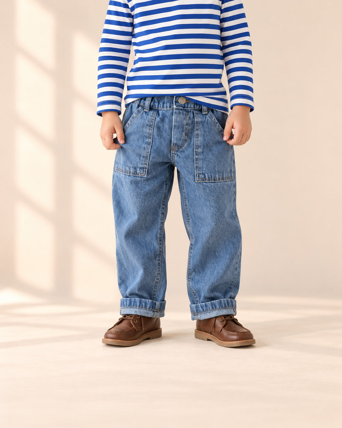 Close-up from waist to feet of mid-wash straight jeans with patch pockets and rolled cuffs – Mid Wash